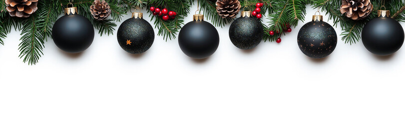 Christmas tree branches garland with ornaments, on white background