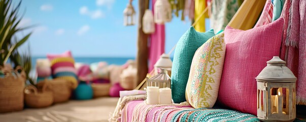 A vibrant beachside setting featuring colorful pillows, cozy seating, and decorative lanterns, perfect for relaxation and enjoying the seaside view.