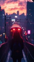 Fototapeta premium A wide view of a woman standing on a bridge, observing the last train as it fades away, surrounded by muted city lights and pastel hues of the evening sky 
