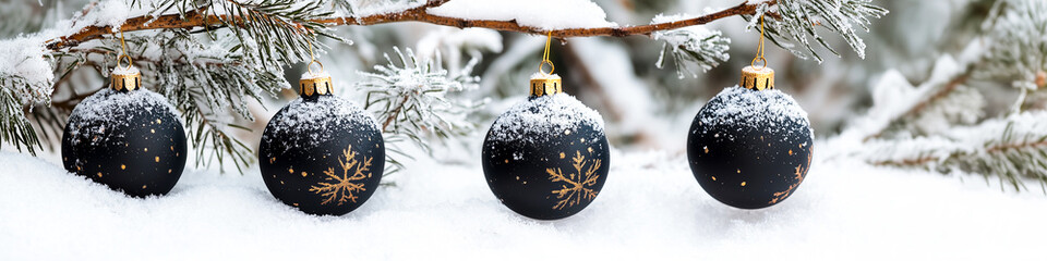 Christmas tree snowy branches with black and gold balls ornaments