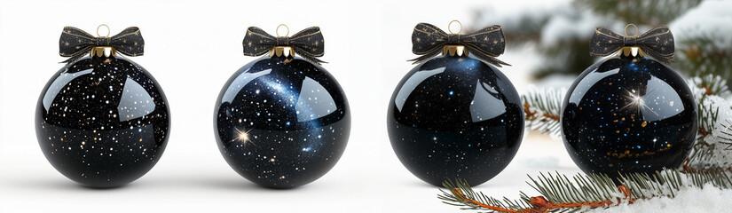 Christmas glossy space themed balls with black bows decoration on white background