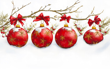 Christmas branches with red ornamental balls, illustration on white background with copy-space