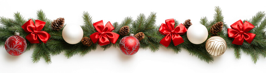 Christmas tree branches garland with ornaments, on white background
