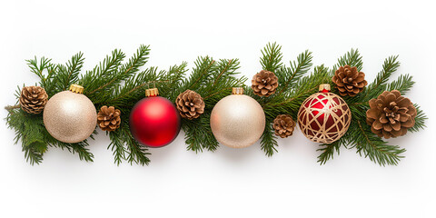 Christmas tree branches garland with ornaments, on white background