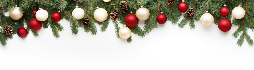 Christmas tree branches garland with ornaments, on white background