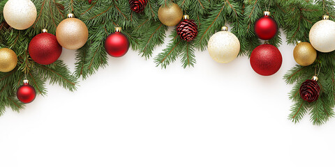 Christmas tree branches garland with ornaments, on white background