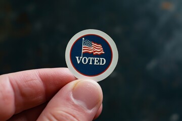 Voting Sticker Held by Human Finger