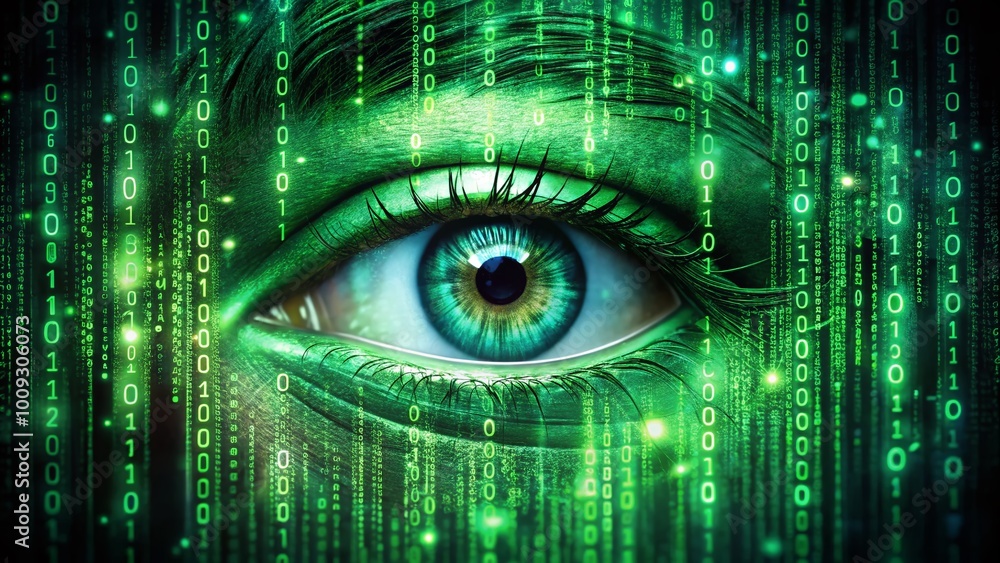 Poster futuristic matrix screen background with green code and digital elements for technology themes