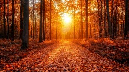 Fototapeta premium A tranquil autumn pathway illuminated by the golden glow of the setting sun through colorful falling leaves in a serene forest