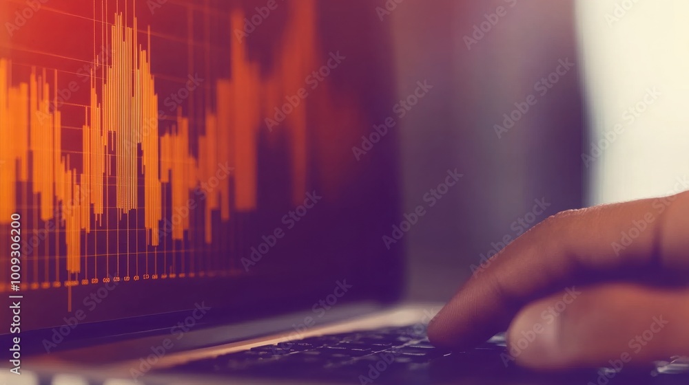 Poster hand tapping on laptop keyboard for data analysis