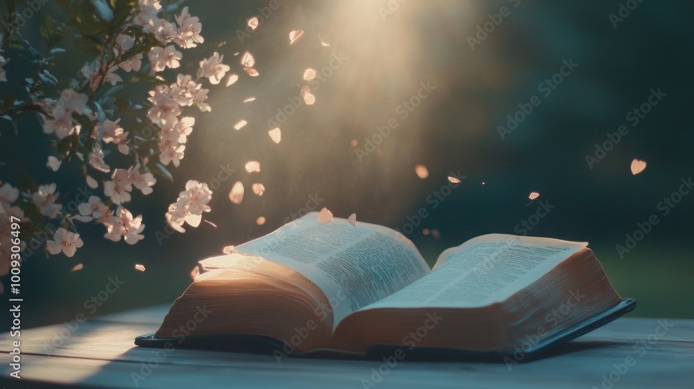 Poster an open book surrounded by floating petals, illuminated by soft light.