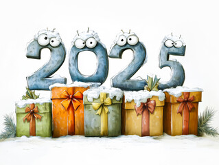 Funny looking anthropomorphic characters and 2025 new year, creative illustration 
