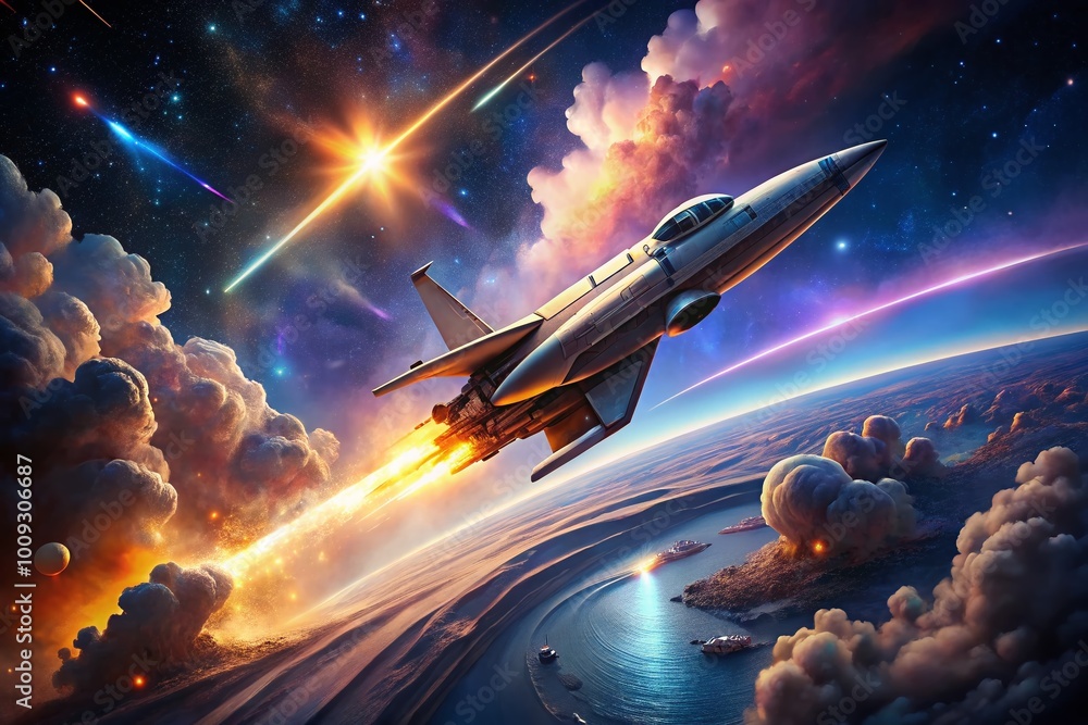 Poster futuristic spaceship soaring through the cosmos with vibrant nebula and distant stars in background