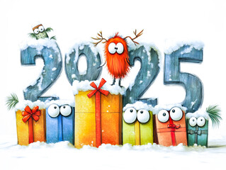 Funny looking anthropomorphic characters and 2025 new year, creative illustration 