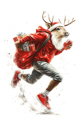 Rudolph the reindeer,  running, wearing red hoodie and Santas hat, also a huge sack with presents on his back, illustration on white background