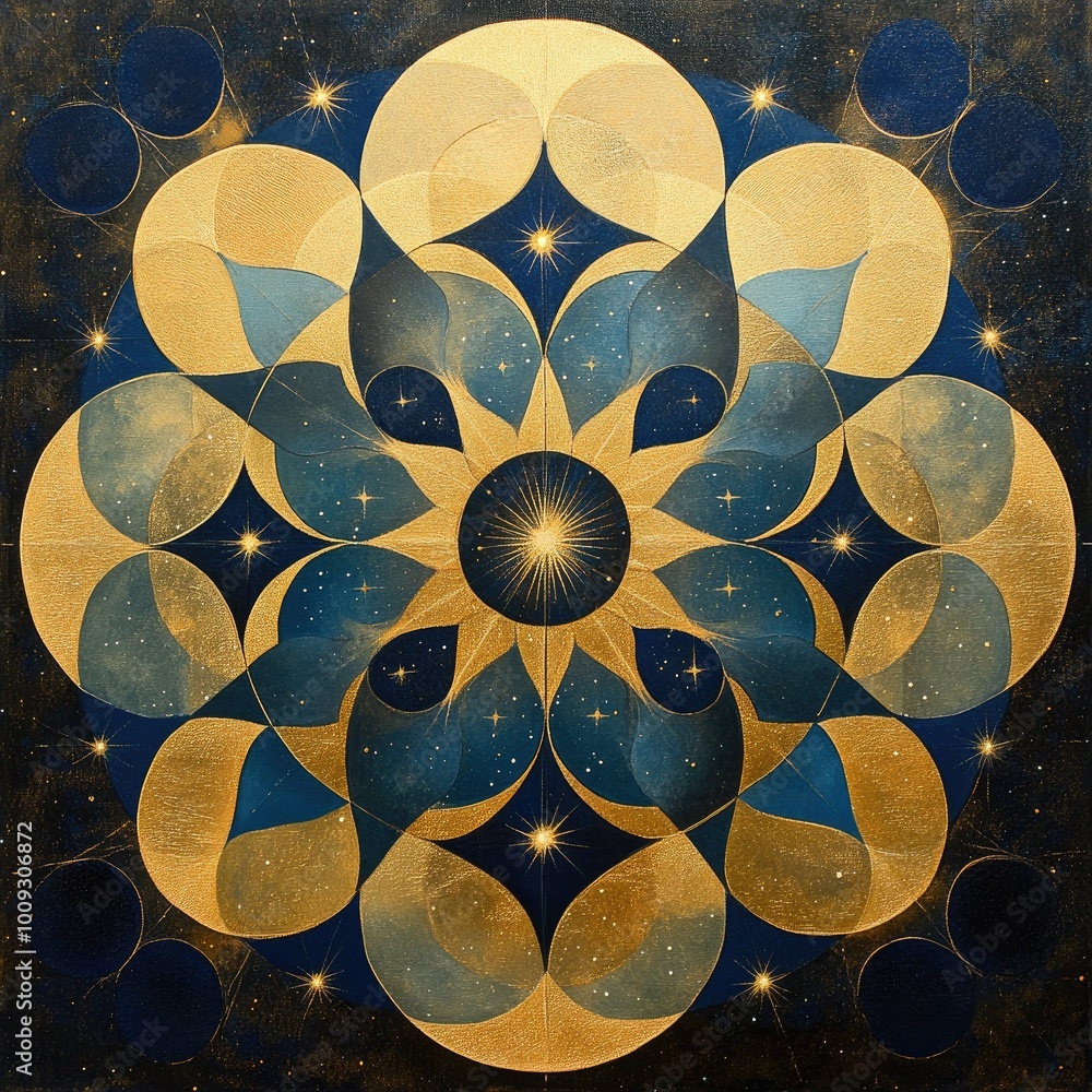 Wall mural stunning geometric design featuring intricate patterns in gold and blue, evoking a sense of harmony 