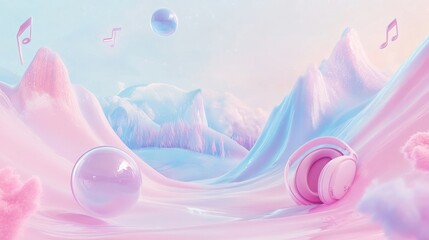 A dreamy landscape featuring soft mountains, bubbles, and headphones, evoking a serene vibe.