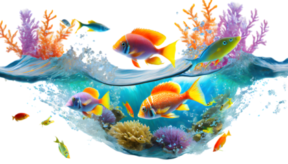 Underwater with colorful sea life fishes Splash. Generative AI.
