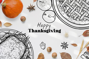 Happy Thanksgiving banner with real and hand drawn food and decorations. Line art apple pie, anise, nuts, turkey, cinnamon mixed with real pumpkin, leaves, nuts on a white background with nice text.