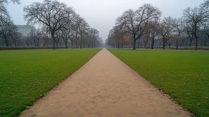 A tranquil park landscape showcases lush green grass and colorful autumn leaves under a soft fog. Trees line the path, creating a serene atmosphere in the urban setting