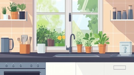 Cozy Kitchen with Lush Indoor Greenery and Scenic Window View