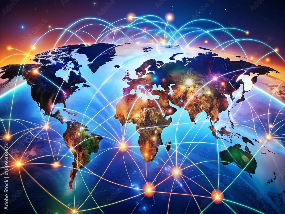 Aufkleber global networking connections with digital nodes and lines representing international collaboration