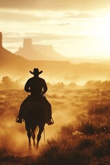 Obraz premium cowboy riding into the sunset