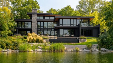 Obraz premium Serene Modern Lakehouse Surrounded by Lush Greenery
