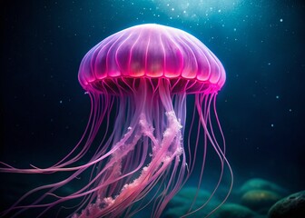 Naklejka premium Graceful Pink Jellyfish Floating in Calm Ocean Waters Against a Beautiful Blue Background