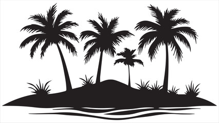 Black vector design of palm trees on an island, a simple and clean black silhouette on a white background.