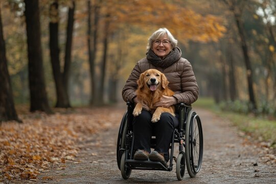 A person in a wheelchair accompanied by a trained canine companion, suitable for use in stories about disability awareness and accessibility