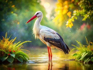 Fototapeta premium Graceful Stork in Watercolor Style Surrounded by Nature's Beauty and Serene Background Elements