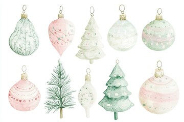 A set of Christmas ornaments, including a tree and a pine tree