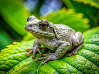 Obraz premium Gray Tree Frog Resting on Leaf in Maryland's Lush Natural Habitat During a Sunny Day