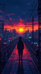 A cartoon character standing on a train platform at sunset, looking towards the distant horizon, with muted colors in the sky and soft city lights reflecting on the tracks 
