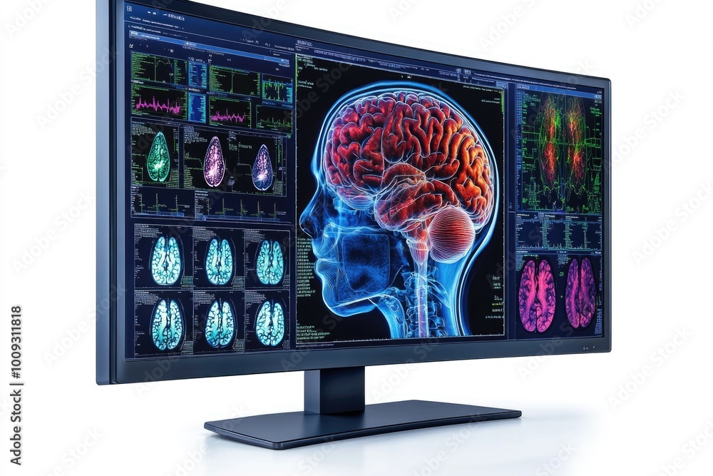 Poster A computer monitor displaying a brain scan image, useful for medical or technology concepts