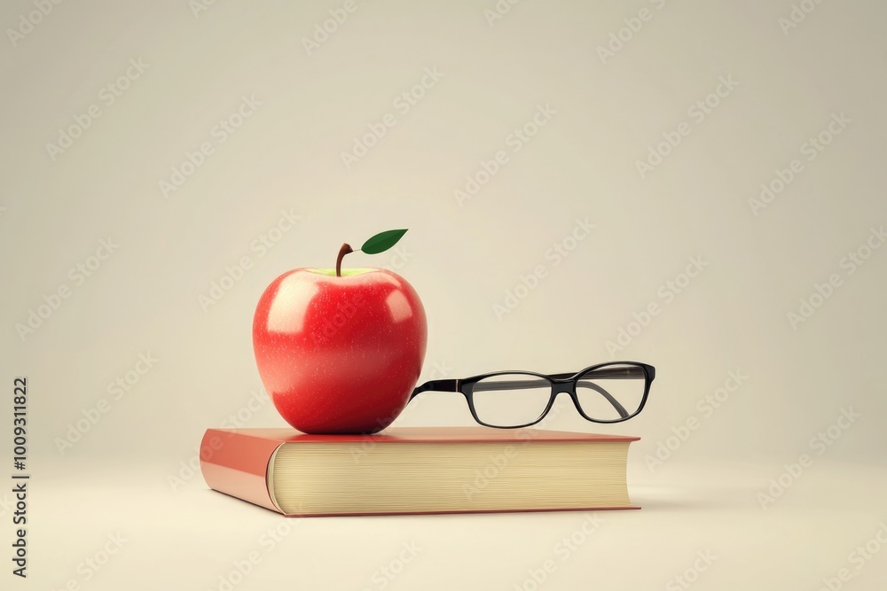 Poster A single red apple sits atop a stack of books, perfect for adding a pop of color and whimsy to your design