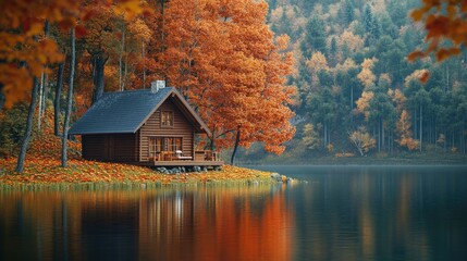 Fototapeta premium Cozy cabin situated by the lake shore with calm water and surrounding woods