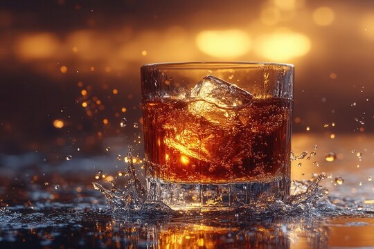 a glass of whiskey splashes dramatically against a dark background the ice cube dances amidst the golden liquid evoking a sense of indulgence and luxury