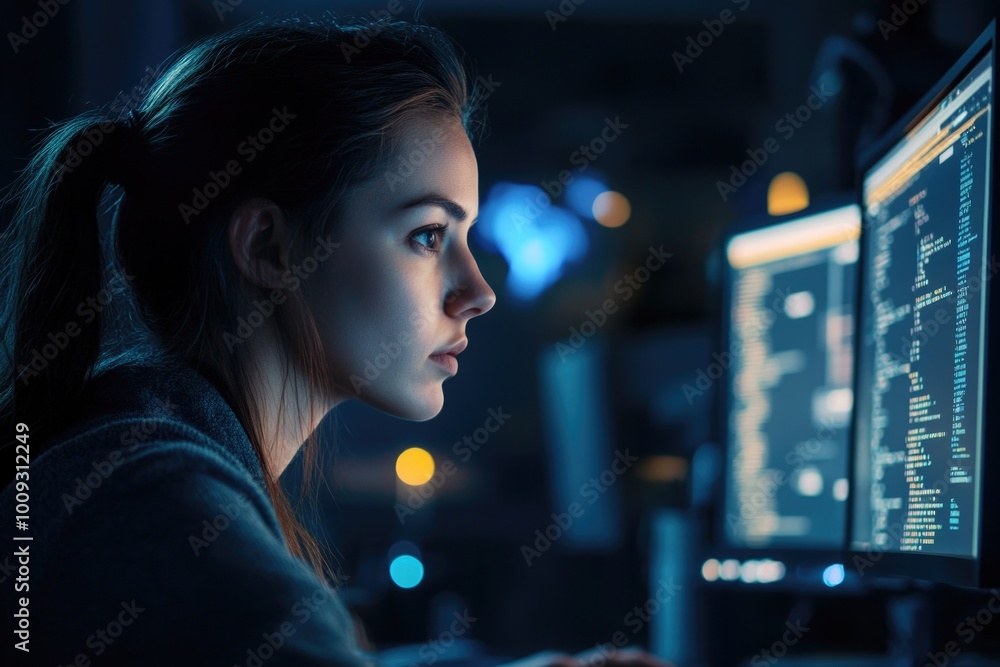 Poster A person sitting in front of a computer screen with a thoughtful expression