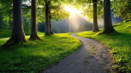 Obraz premium A tranquil summer landscape features a fog-covered beech forest with a winding dirt road surrounded by vibrant green meadows. Nature displays its beauty in every corner