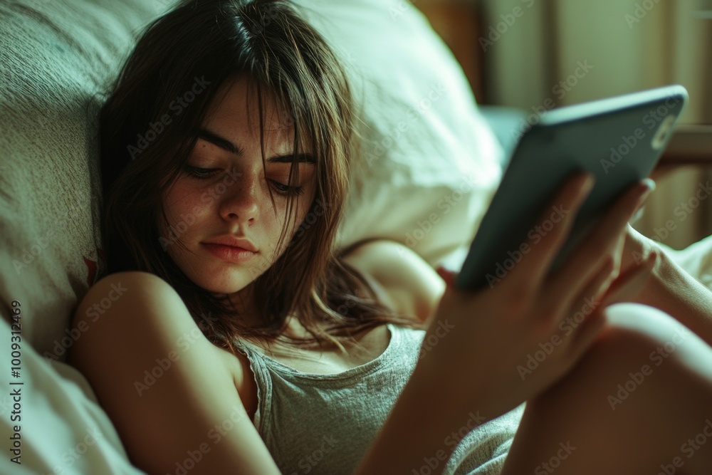 Poster a woman lying on a bed uses a tablet computer, suitable for technology-related concepts or personal 