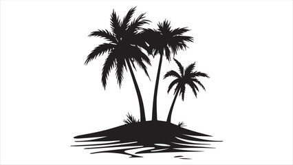 Black vector design of palm trees on an island, a simple and clean black silhouette on a white background.