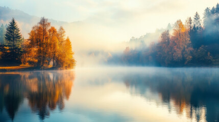 Fototapeta premium Serene autumn morning mist over a calm lake surrounded by colorful foliage in the mountains