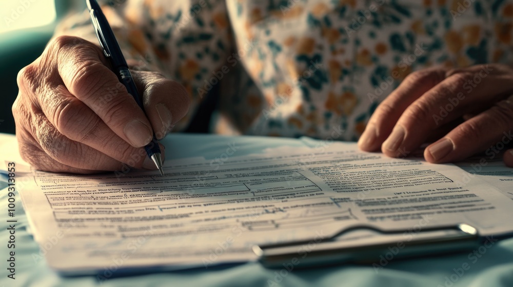 Poster close-up of a person taking notes with a pen and paper