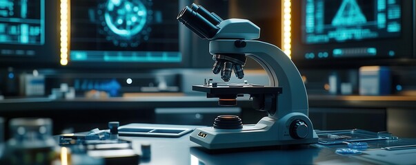 A modern microscope placed on a lab table, surrounded by scientific equipment, showcasing advanced technology in a research environment.