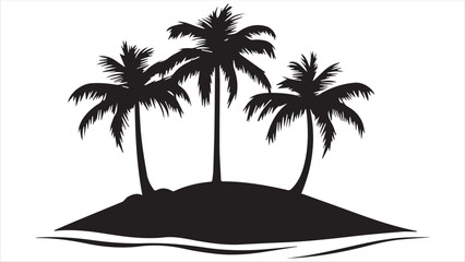 Black vector design of palm trees on an island, a simple and clean black silhouette on a white background.