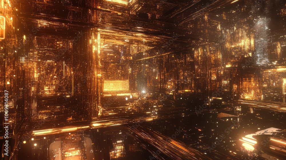 Poster a cityscape of mirrors, with buildings and structures reflecting each other, resulting in a surreal 