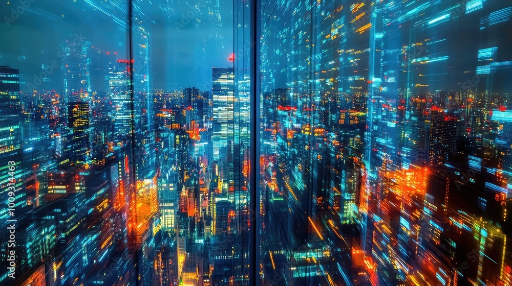 Poster a cityscape of mirrors, with buildings and structures reflecting each other, resulting in a surreal 