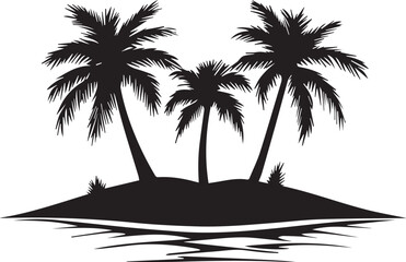 Black vector design of palm trees on an island, a simple and clean black silhouette on a white background.